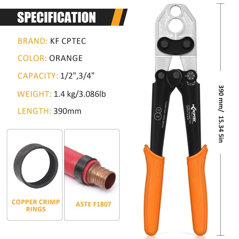 KF CPTEC 1/2'' & 3/4'' Combo PEX Crimping Tool for Copper Crimp Rings with Go/No-Go Gauge, Meets ASTM F1807 Standard, Durable Plumbing Tool - Image 2
